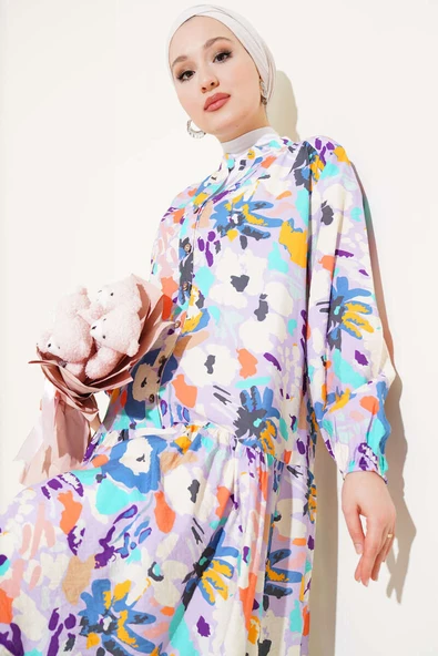 Karışık Desen Yarım Düğmeli Viskon Elbise Lila - Resim 2