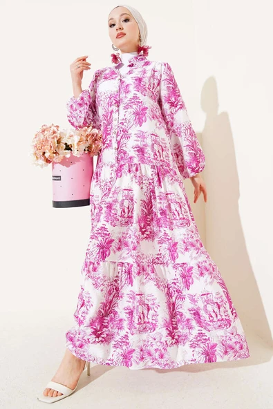 Filli Çiçek Desenli Viskon Elbise Menekşe ürün görseli 1