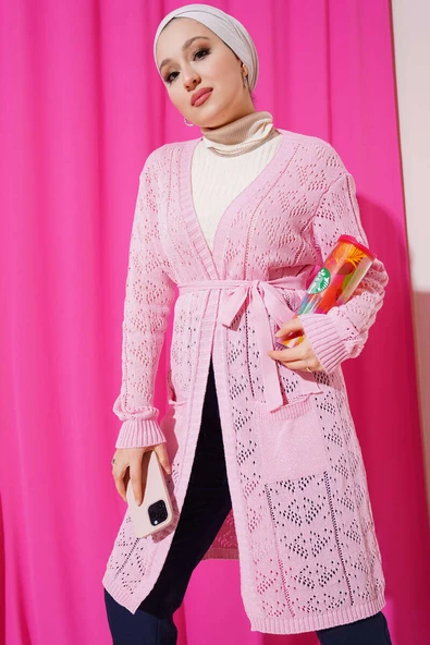 Çift Cepli Delikli Kuşaklı Triko Hırka Pembe - 2