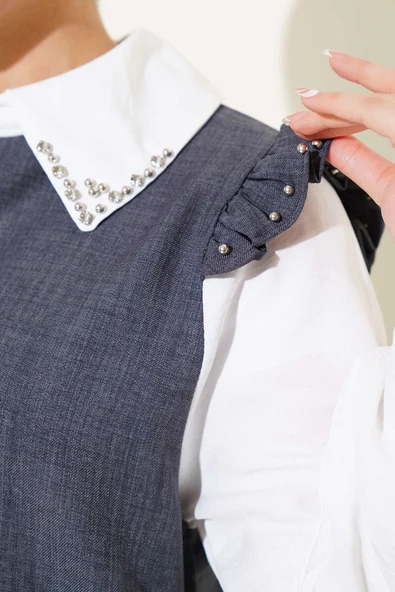 Yaka Taşlı Gömlek Garnili İkili Takım Antrasit - Resim 4