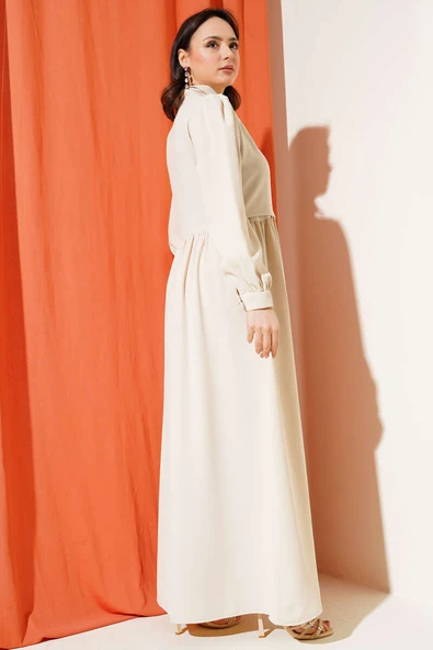 Yarım Taş Düğmeli Bağlamalı Elbise Bej - Resim 3