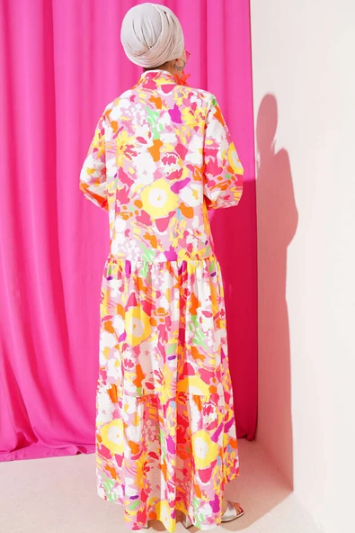 Karışık Desen Yarım Düğmeli Viskon Elbise Pudra - Resim 3