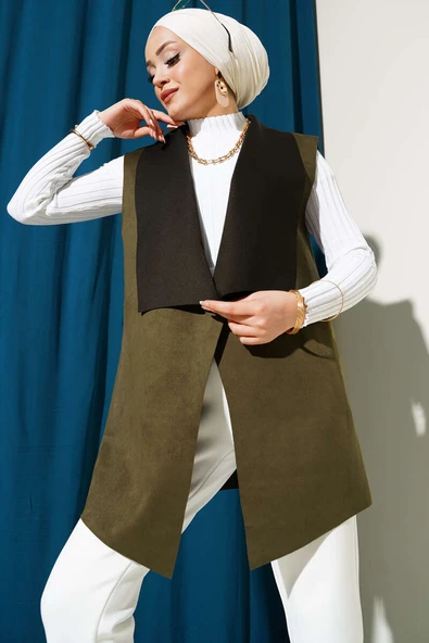 Kruvaze Yaka Süet Yelek Haki ürün görseli 1