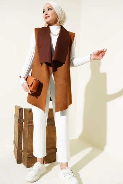 Kruvaze Yaka Süet Yelek Kahve - Resim 2