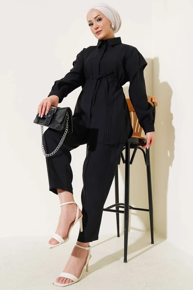 Önü Dik Pileli İp Bağcıklı İkili Takım Siyah ürün görseli 1