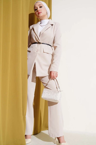 Cep Kapaklı Kemerli Ceket İkili Takım Bej ürün görseli 1