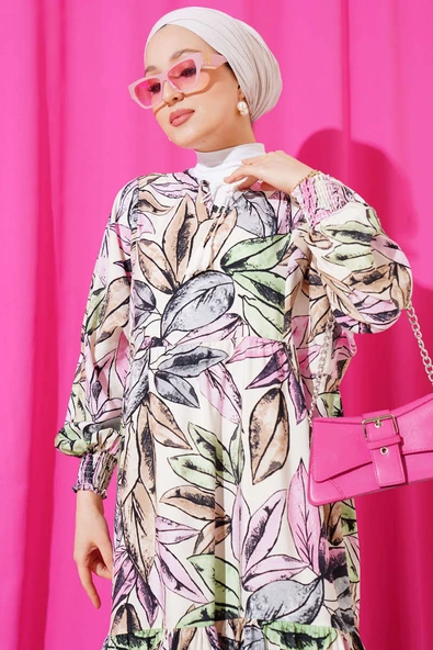 Yaprak Desen Yaka Püsküllü Elbise Pembe - 2