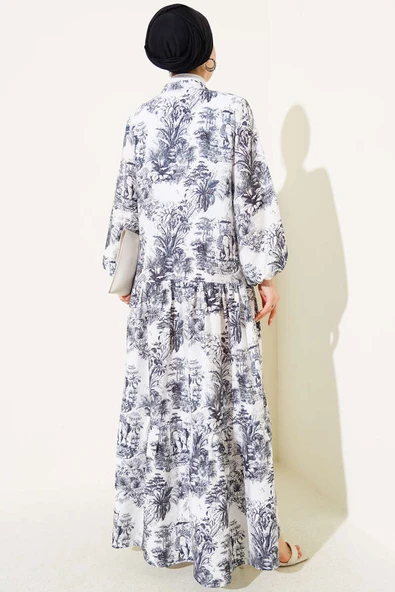 Filli Çiçek Desenli Viskon Elbise Siyah - Resim 3