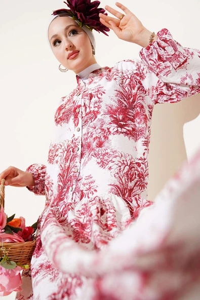 Filli Çiçek Desenli Viskon Elbise Bordo ürün görseli 1