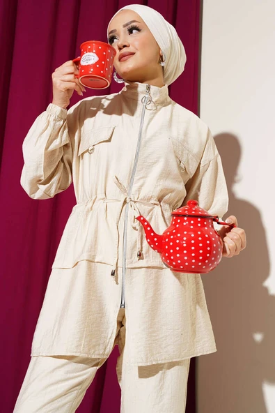 Fermuarlı Bel Tünelli İkili Takım Bej - Resim 2