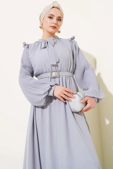Kolları Piliseli Elbise Gri - Resim 2