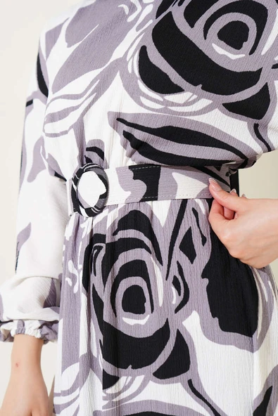 Yaprak Desenli Bel Lastikli Kemerli Elbise Siyah - Resim 4