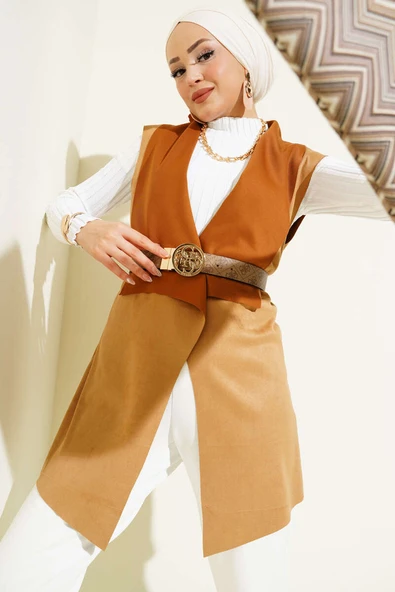 Kruvaze Yaka Süet Yelek Latte ürün görseli