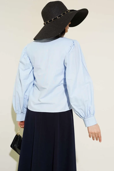 Balon Kol Kısa Gömlek Buz Mavisi - Resim 3