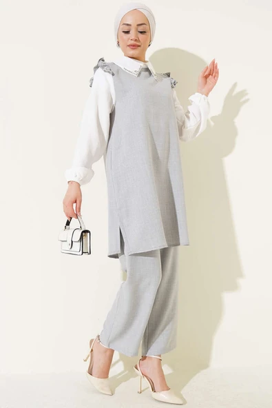 Yaka Taşlı Gömlek Garnili İkili Takım Gri ürün görseli 1