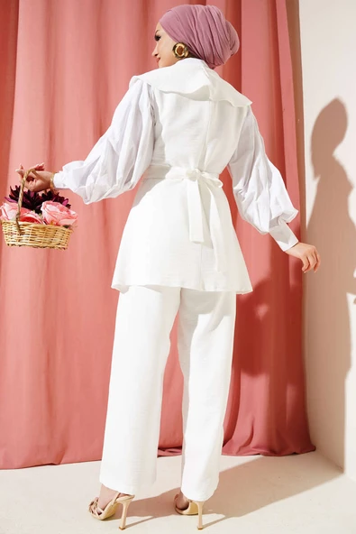 Fiyonk Detaylı Denizci Yaka İkili Takım Beyaz - Resim 3