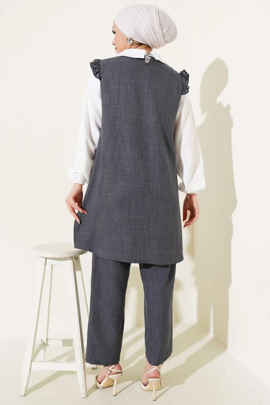 Yaka Taşlı Gömlek Garnili İkili Takım Antrasit - Resim 3