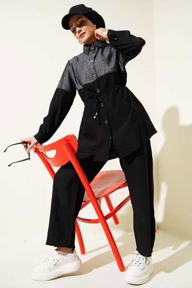 Kot Garnili Düğmeli Tünelli İkili Takım Siyah ürün görseli 1