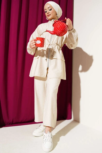 Fermuarlı Bel Tünelli İkili Takım Bej ürün görseli 1