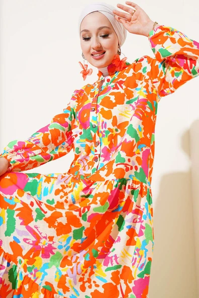 Karışık Desen Yarım Düğmeli Viskon Elbise Oranj - Resim 2