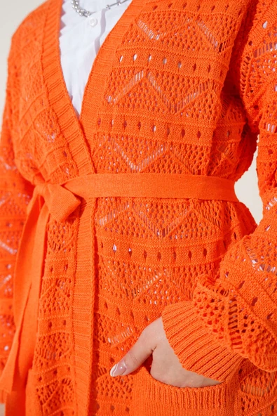 Zikzak Desenli Delikli Kuşaklı Triko Hırka Oranj - 4