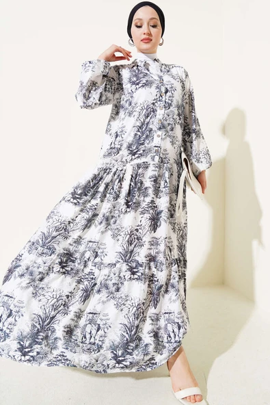 Filli Çiçek Desenli Viskon Elbise Siyah ürün görseli 1