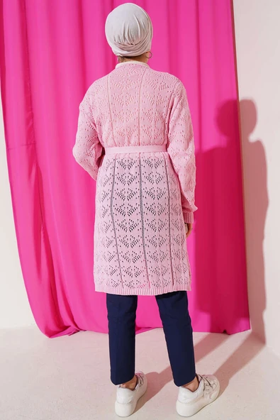 Çift Cepli Delikli Kuşaklı Triko Hırka Pembe - 3