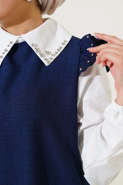 Yaka Taşlı Gömlek Garnili İkili Takım Lacivert - 4