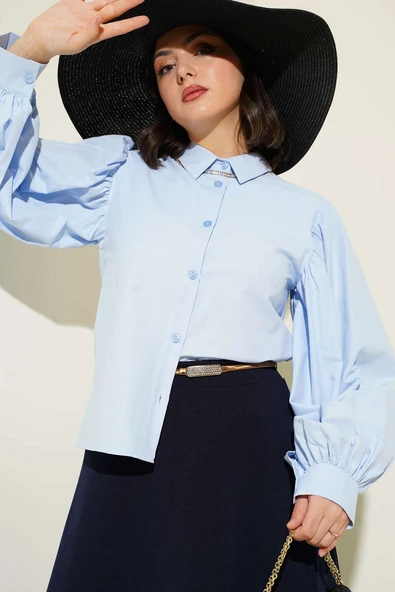 Balon Kol Kısa Gömlek Buz Mavisi ürün görseli 1