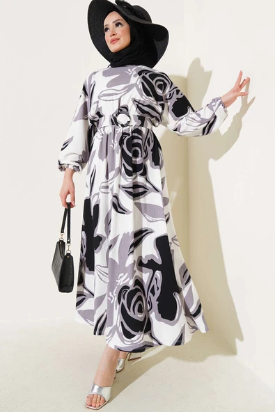 Yaprak Desenli Bel Lastikli Kemerli Elbise Siyah ürün görseli 1