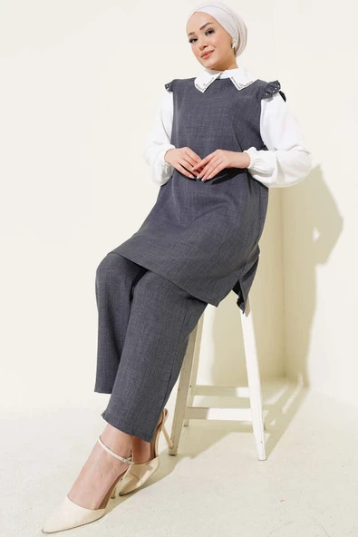 Yaka Taşlı Gömlek Garnili İkili Takım Antrasit ürün görseli 1