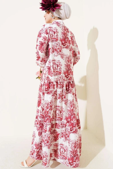 Filli Çiçek Desenli Viskon Elbise Bordo - Resim 3