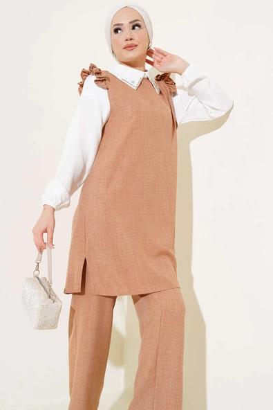 Yaka Taşlı Gömlek Garnili İkili Takım Latte - Resim 2