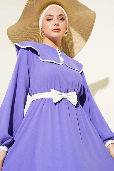 Fiyonk Kuşaklı Bebe Yaka Elbise Lila - Resim 2