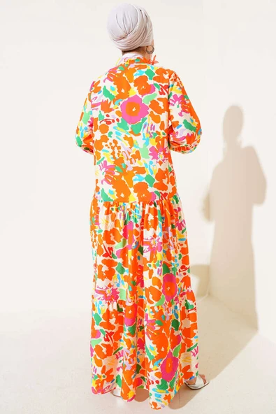 Karışık Desen Yarım Düğmeli Viskon Elbise Oranj - Resim 3