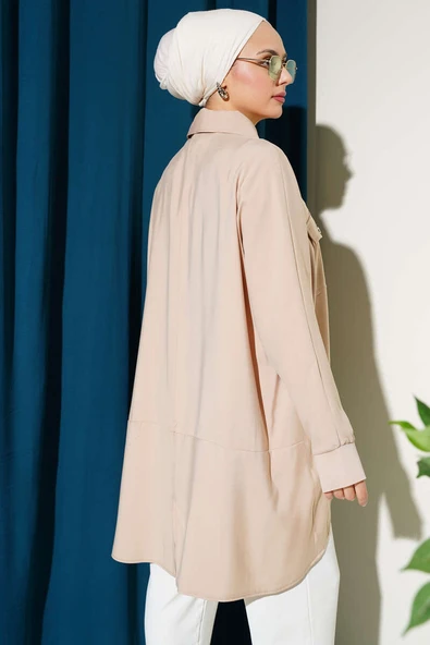 Bileği Ribanalı Oversize Gömlek Taş - Resim 3