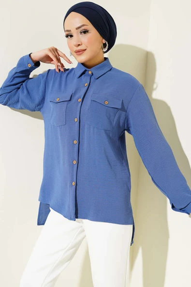 Çift Cepli Tahta Düğmeli Gömlek İndigo ürün görseli 1