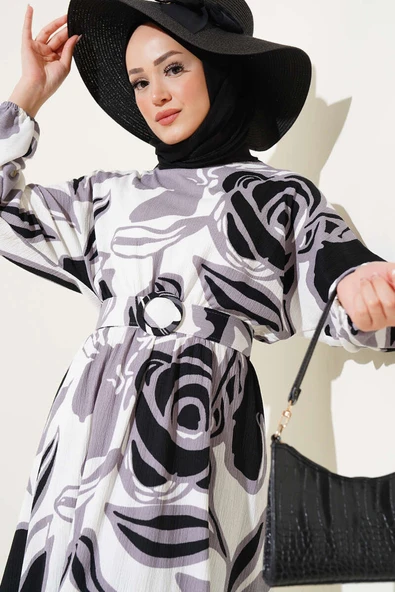 Yaprak Desenli Bel Lastikli Kemerli Elbise Siyah - Resim 2