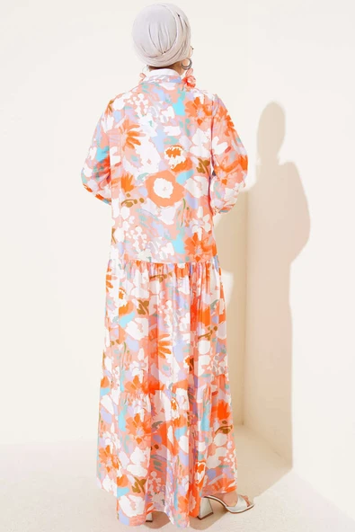 Karışık Desen Yarım Düğmeli Viskon Elbise Somon - Resim 3