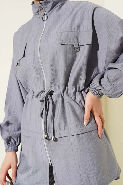 Fermuarlı Bel Tünelli İkili Takım Gri - Resim 4