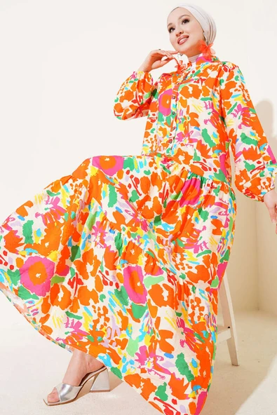Karışık Desen Yarım Düğmeli Viskon Elbise Oranj ürün görseli 1