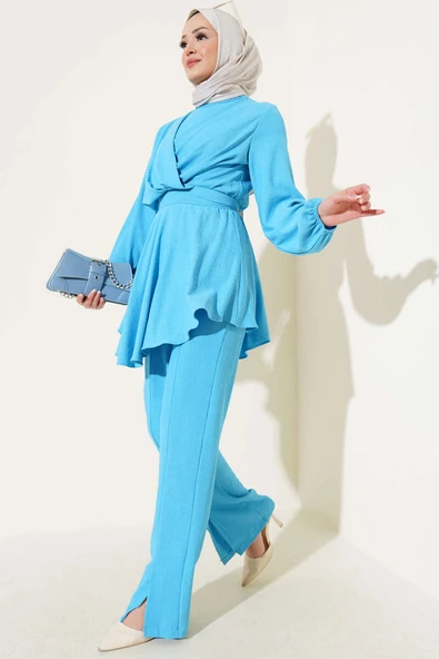 Bel Lastikli Tunik Bürümcük İkili Takım Mavi ürün görseli 1