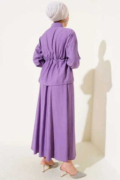 Beli Tünelli Etekli İkili Takım Lila - Resim 3