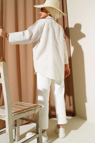 Önü Bağlamalı Keten Kimono Bej - Resim 3