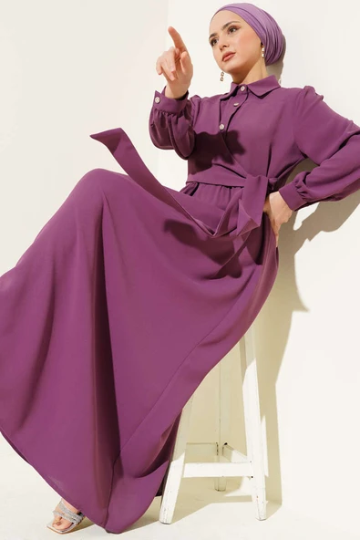 Yarım Taş Düğmeli Bağlamalı Elbise Menekşe ürün görseli 1