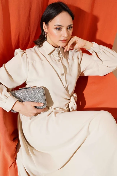 Yarım Taş Düğmeli Bağlamalı Elbise Bej ürün görseli 1