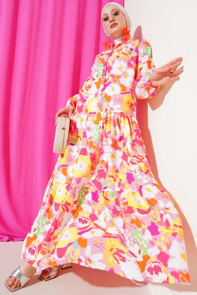 Karışık Desen Yarım Düğmeli Viskon Elbise Pudra ürün görseli 1