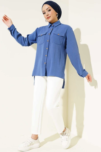 Çift Cepli Tahta Düğmeli Gömlek İndigo - Resim 2