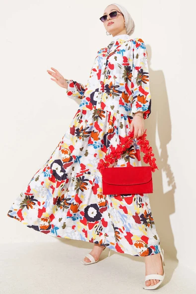 Karışık Desen Yarım Düğmeli Viskon Elbise Gri ürün görseli 1