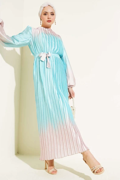 Çift Renkli Piliseli Saten Elbise Mint ürün görseli 1